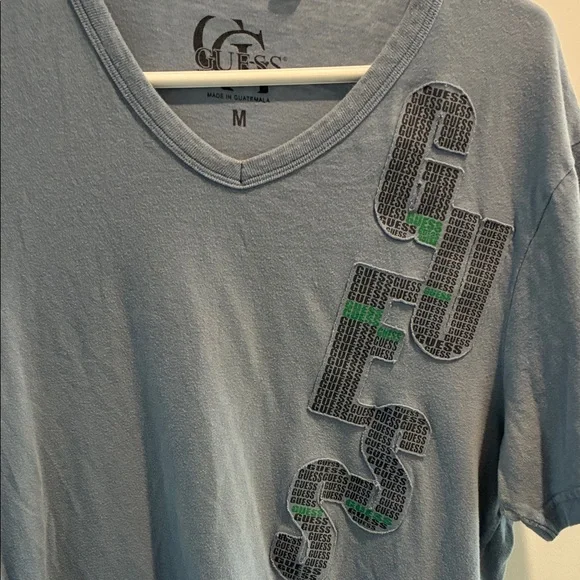 Guess Men's Slate Blue V-Neck Tee with Vertical Logo - Picture 2 of 2